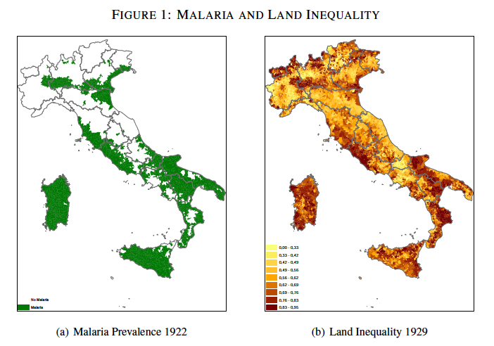 Two maps of Italy compare prevalence of malaria and land inequality