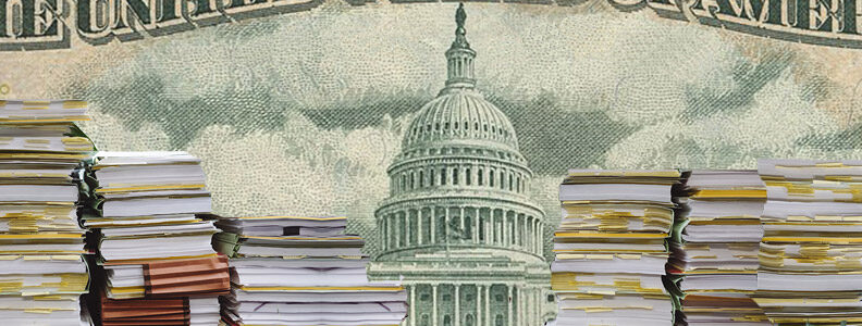 Stacks of contracts block the road to the United States Capitol Building